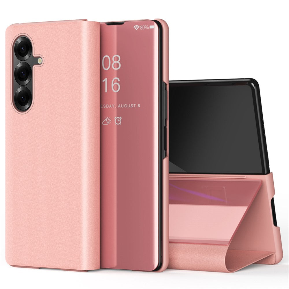 For Samsung Galaxy Z Fold7 5G Case View Window PU Leather + PC Electroplating Phone Cover - Rose Gold