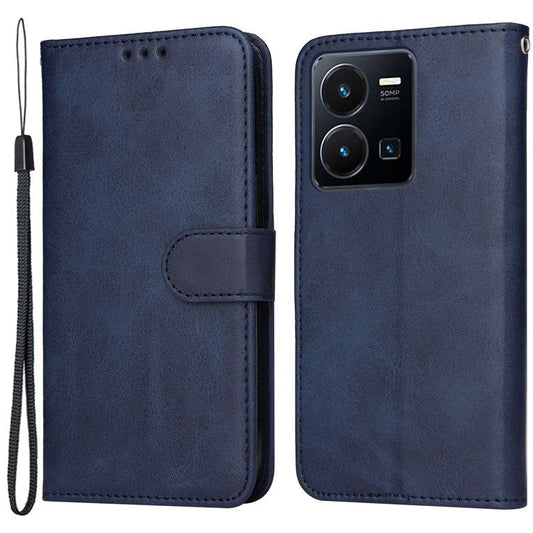 For vivo Y35 4G (2022) / Y22s 4G / Y22 4G Calf Texture Anti-scratch PU Leather Case Stand Wallet Phone Cover with Wrist Strap - Blue