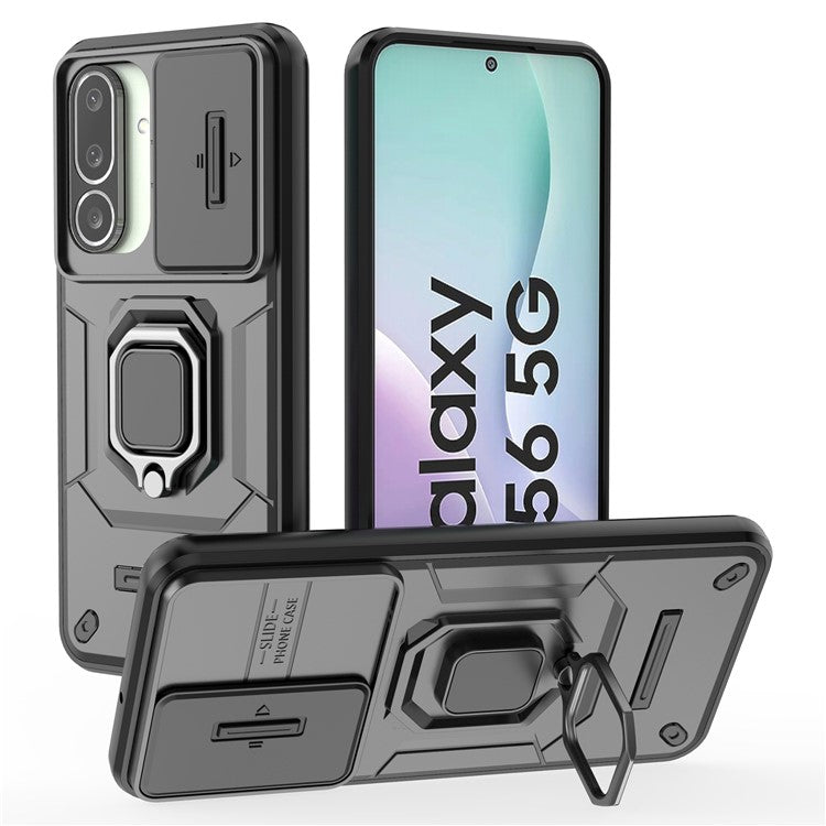 For Samsung Galaxy M56 5G Case PC + TPU Kickstand Phone Protector with Lens Cover - Black