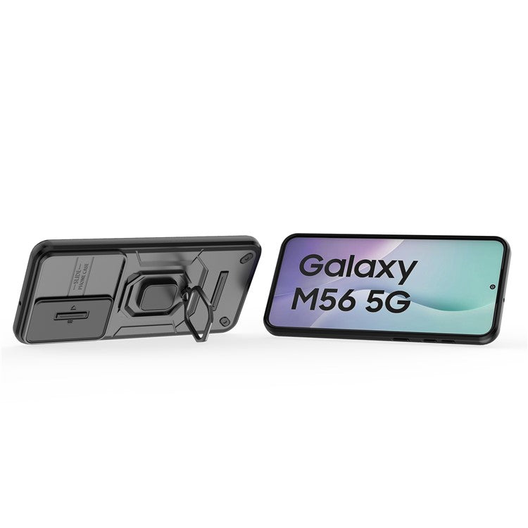 For Samsung Galaxy M56 5G Case PC + TPU Kickstand Phone Protector with Lens Cover - Black