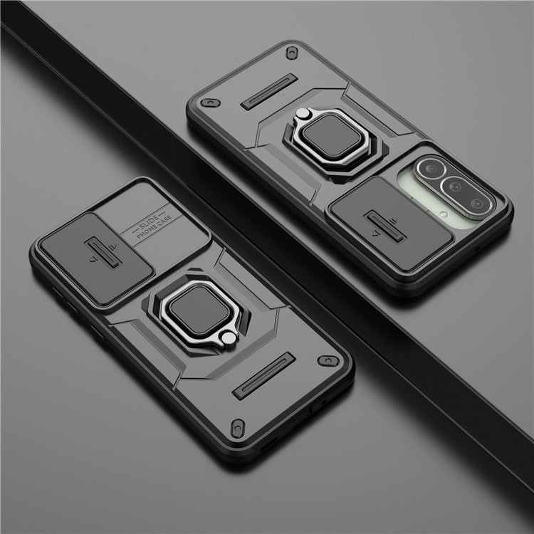 For Samsung Galaxy M56 5G Case PC + TPU Kickstand Phone Protector with Lens Cover - Black