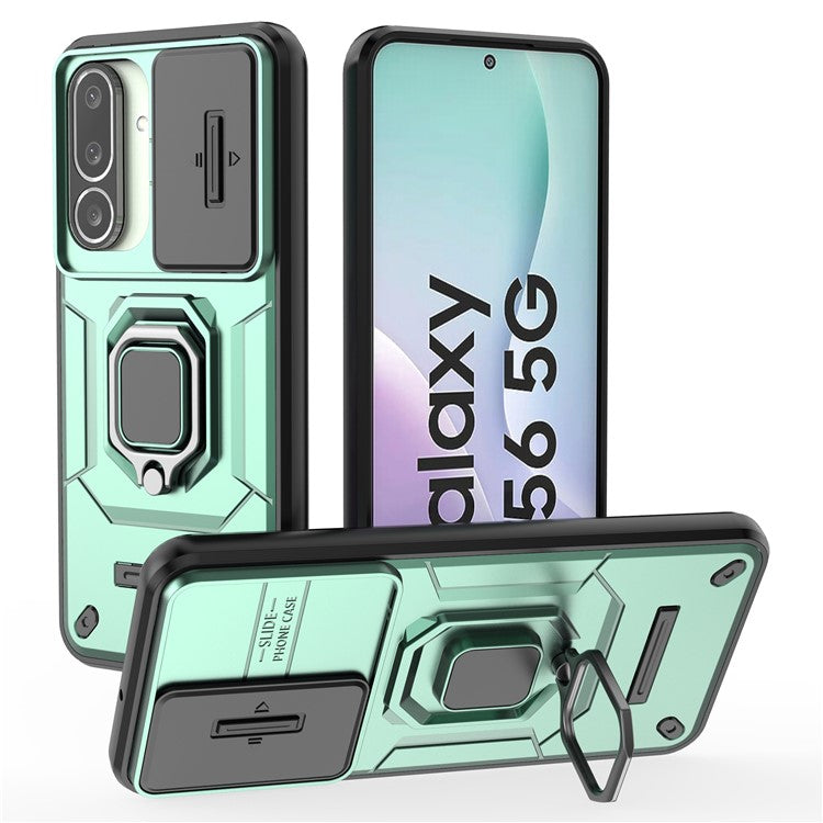For Samsung Galaxy M56 5G Case PC + TPU Kickstand Phone Protector with Lens Cover - Green