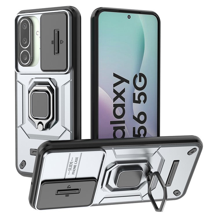 For Samsung Galaxy M56 5G Case PC + TPU Kickstand Phone Protector with Lens Cover - Grey