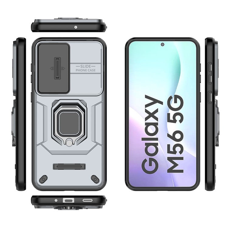 For Samsung Galaxy M56 5G Case PC + TPU Kickstand Phone Protector with Lens Cover - Grey