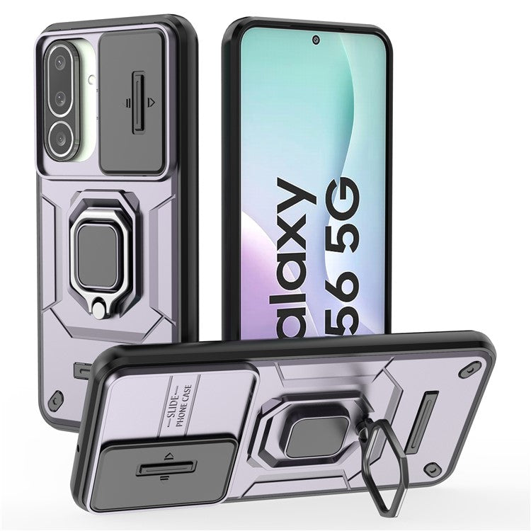 For Samsung Galaxy M56 5G Case PC + TPU Kickstand Phone Protector with Lens Cover - Purple