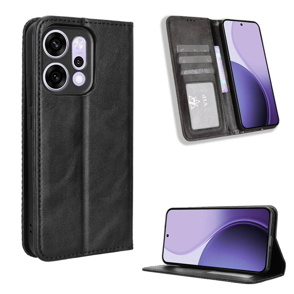 For Oppo Reno14 Pro 5G (Global) Leather Case Wallet Stand Retro Texture Phone Cover - Black