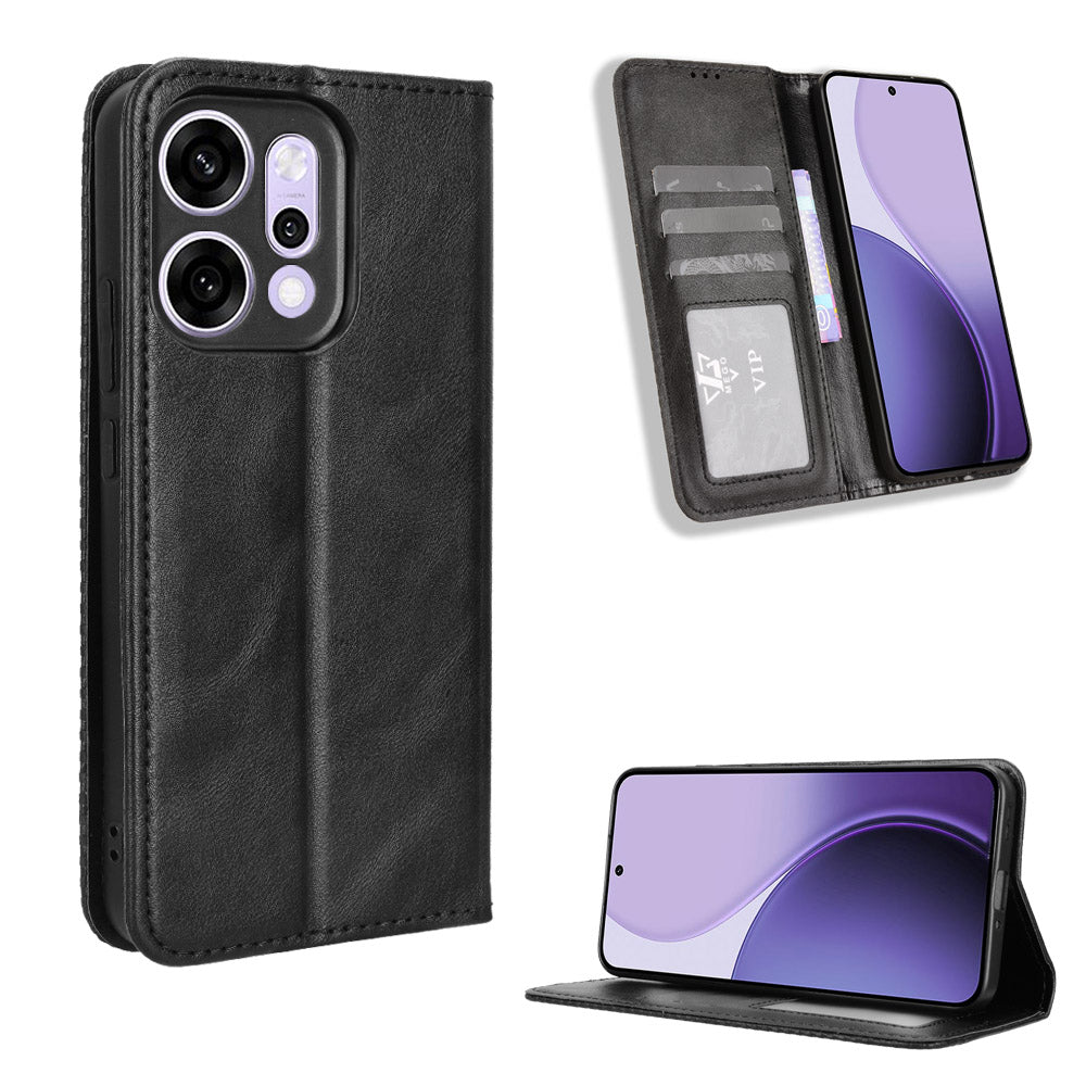 For Oppo Reno14 5G (Global) Leather Case Wallet Stand Retro Texture Phone Cover - Black
