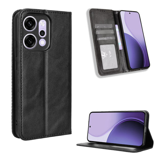 For Oppo Reno14 5G (Global) Leather Case Wallet Stand Retro Texture Phone Cover - Black
