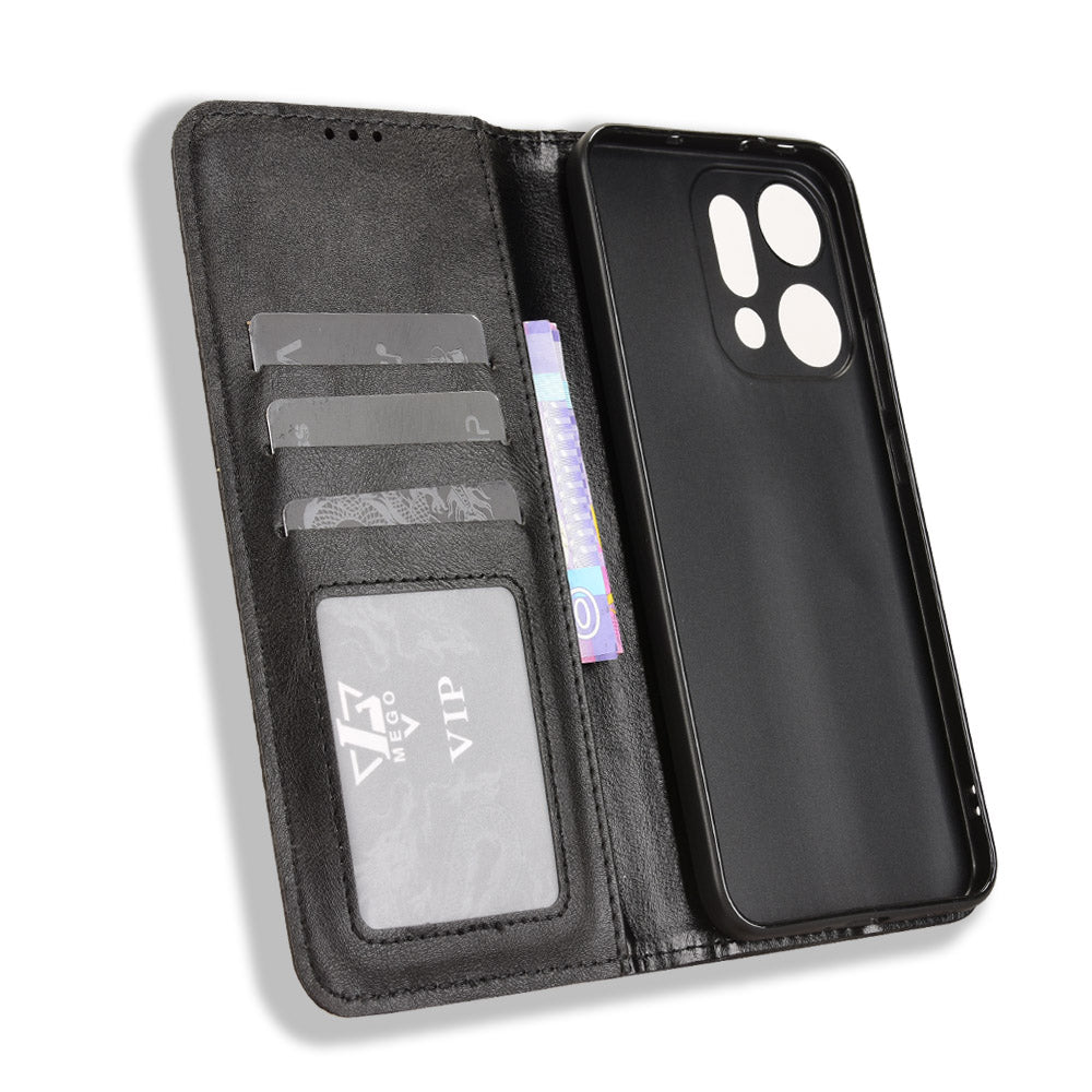 For Oppo Reno14 5G (Global) Leather Case Wallet Stand Retro Texture Phone Cover - Black
