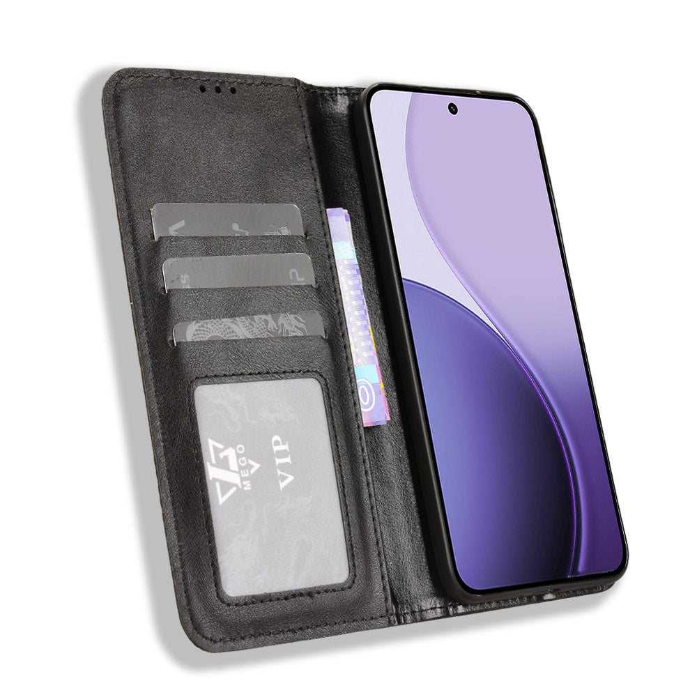For Oppo Reno14 5G (Global) Leather Case Wallet Stand Retro Texture Phone Cover - Black