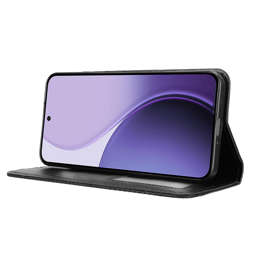 For Oppo Reno14 5G (Global) Leather Case Wallet Stand Retro Texture Phone Cover - Black