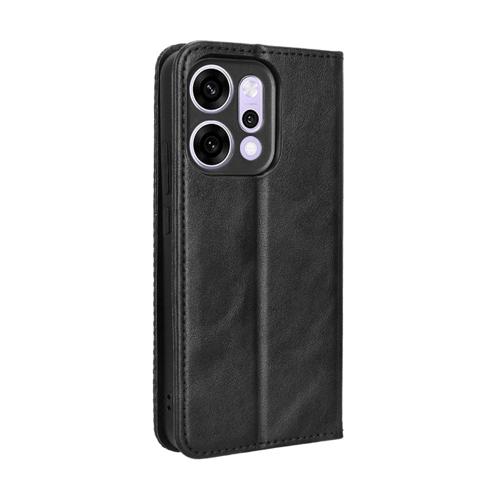 For Oppo Reno14 5G (Global) Leather Case Wallet Stand Retro Texture Phone Cover - Black