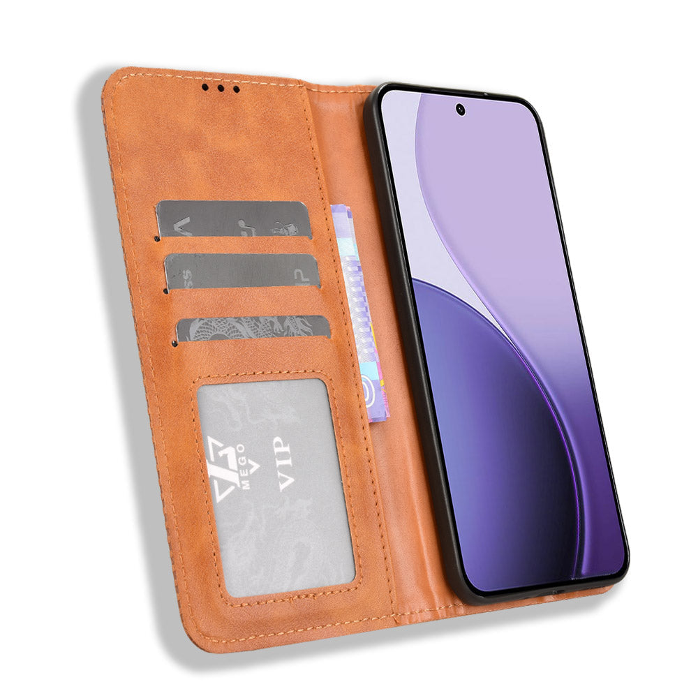 For Oppo Reno14 5G (Global) Leather Case Wallet Stand Retro Texture Phone Cover - Brown