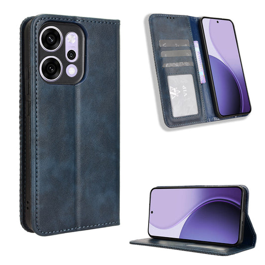 For Oppo Reno14 5G (Global) Leather Case Wallet Stand Retro Texture Phone Cover - Blue