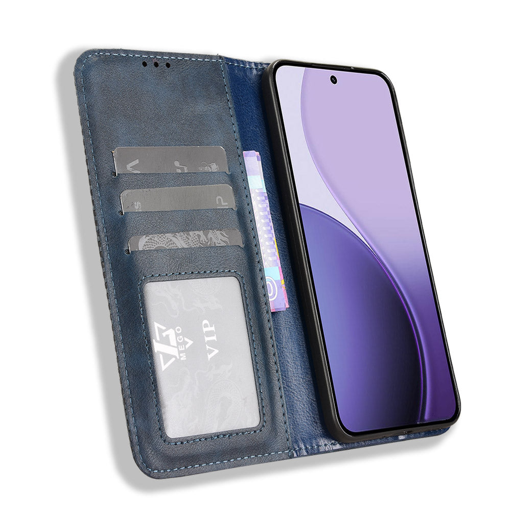 For Oppo Reno14 5G (Global) Leather Case Wallet Stand Retro Texture Phone Cover - Blue