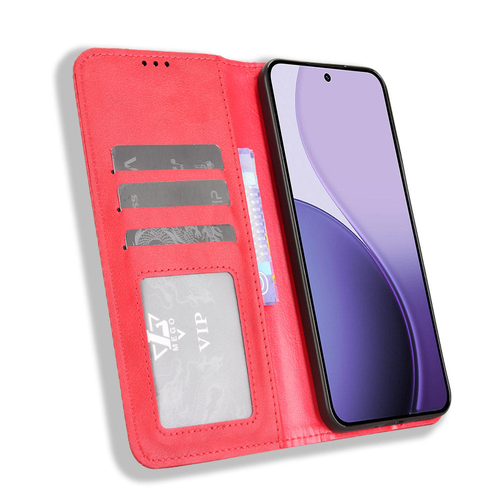 For Oppo Reno14 5G (Global) Leather Case Wallet Stand Retro Texture Phone Cover - Red