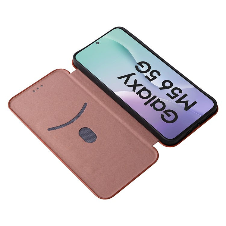 For Samsung Galaxy M56 5G Case Carbon Fiber Texture Drop-Proof PU Leather Phone Cover - Brown
