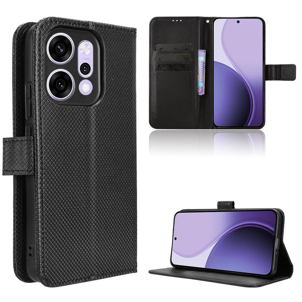 For Oppo Reno14 Pro 5G (Global) Leather Wallet Case with Strap Diamond Texture Phone Cover - Black
