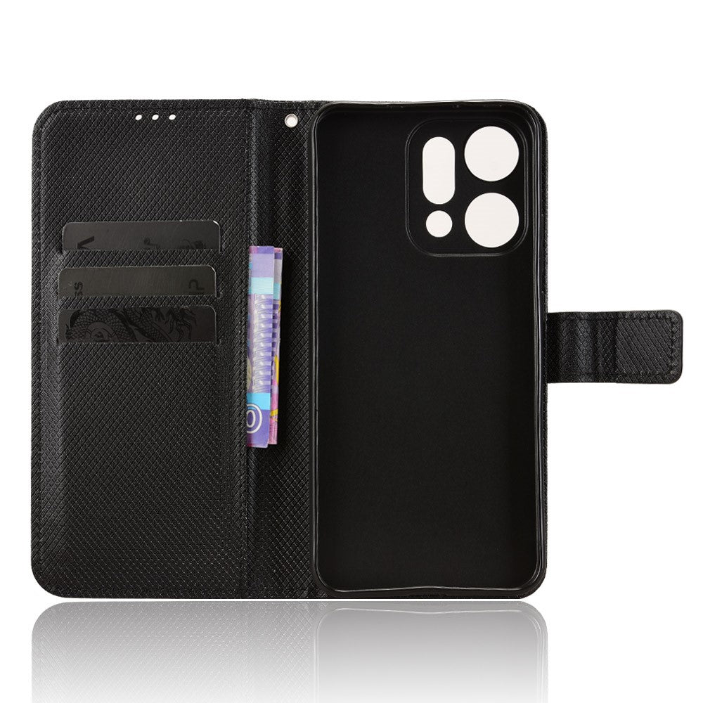 For Oppo Reno14 Pro 5G (Global) Leather Wallet Case with Strap Diamond Texture Phone Cover - Black