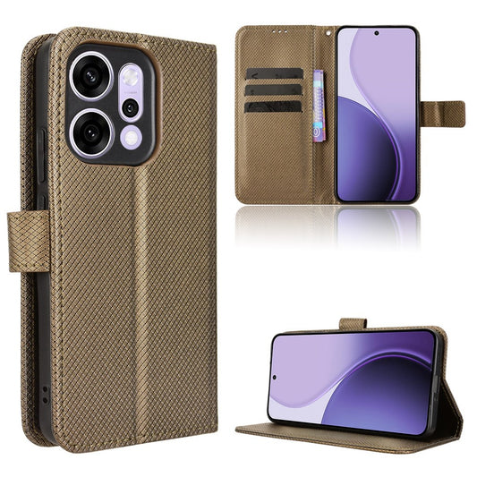 For Oppo Reno14 Pro 5G (Global) Leather Wallet Case with Strap Diamond Texture Phone Cover - Brown