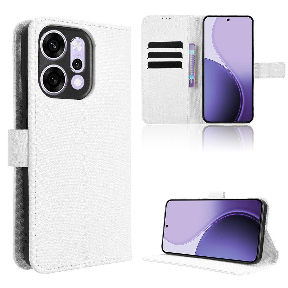 For Oppo Reno14 Pro 5G (Global) Leather Wallet Case with Strap Diamond Texture Phone Cover - White