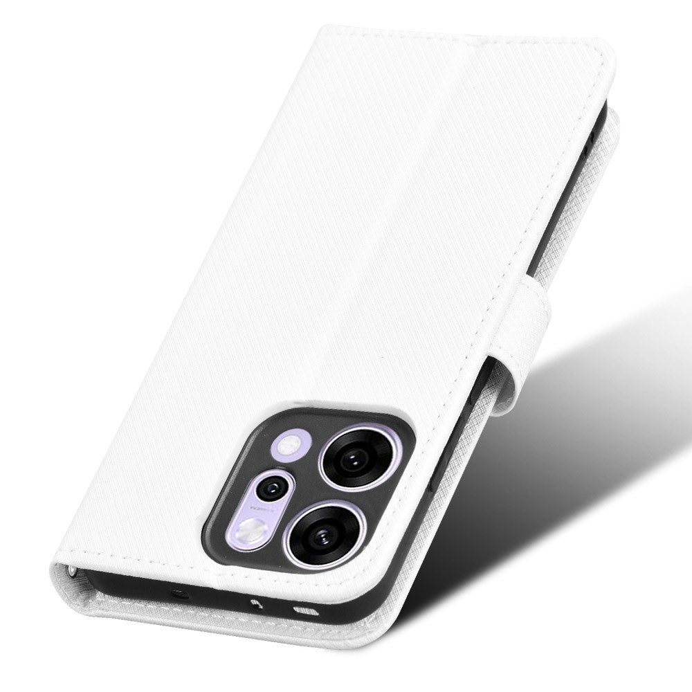 For Oppo Reno14 Pro 5G (Global) Leather Wallet Case with Strap Diamond Texture Phone Cover - White