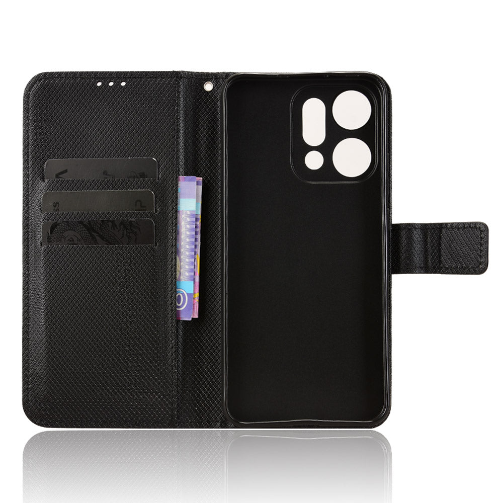 For Oppo Reno14 5G (Global) Leather Wallet Case with Strap Diamond Texture Phone Cover - Black