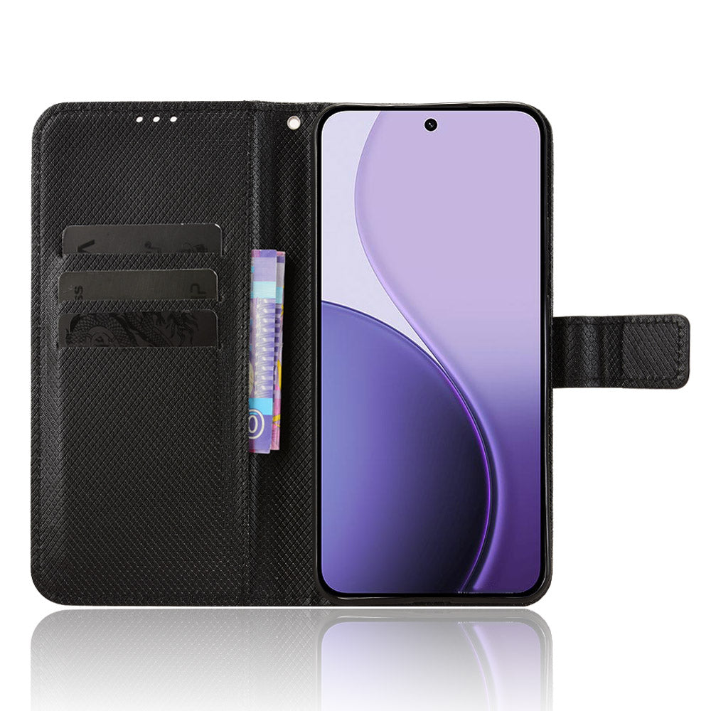 For Oppo Reno14 5G (Global) Leather Wallet Case with Strap Diamond Texture Phone Cover - Black