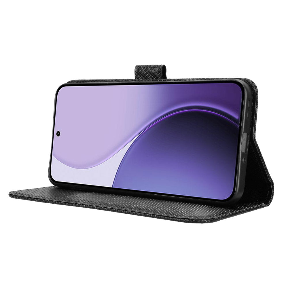 For Oppo Reno14 5G (Global) Leather Wallet Case with Strap Diamond Texture Phone Cover - Black