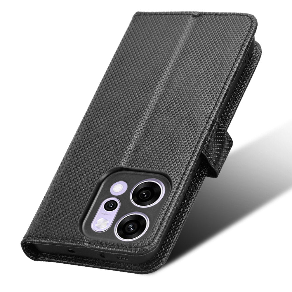 For Oppo Reno14 5G (Global) Leather Wallet Case with Strap Diamond Texture Phone Cover - Black