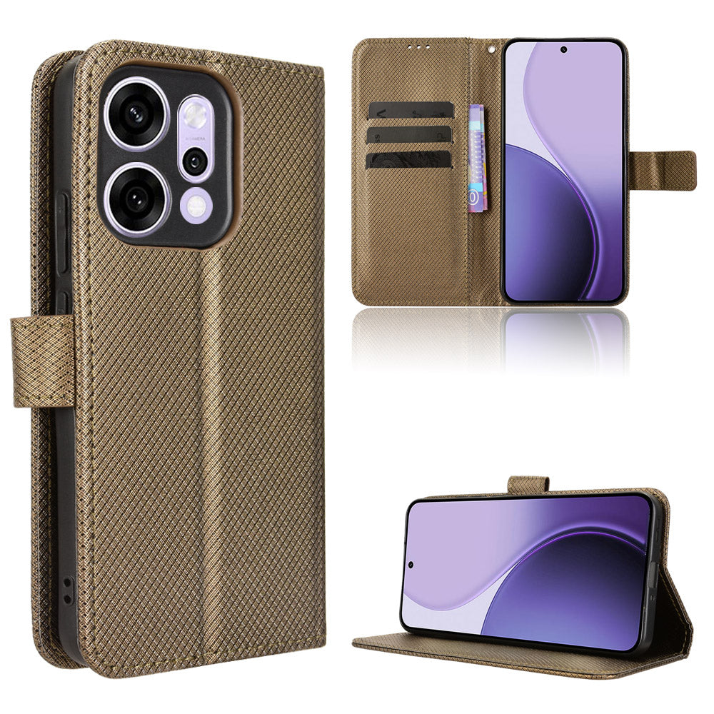 For Oppo Reno14 5G (Global) Leather Wallet Case with Strap Diamond Texture Phone Cover - Brown