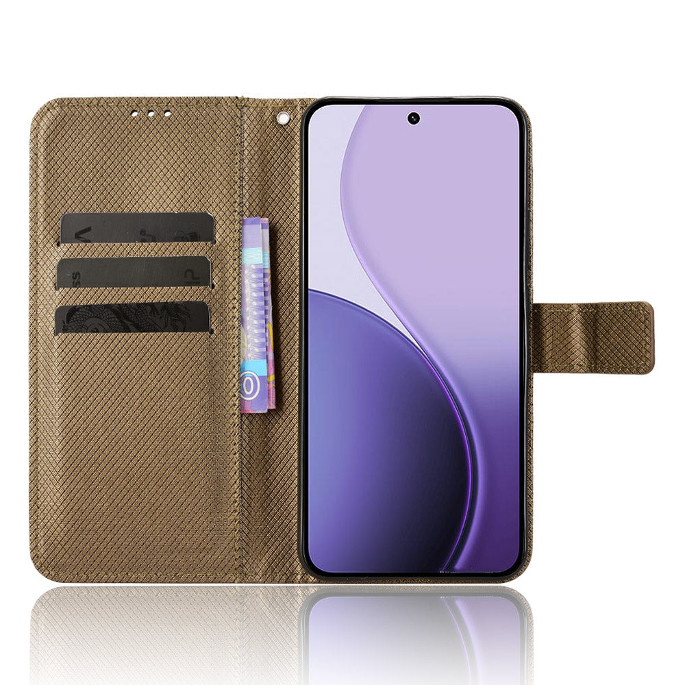 For Oppo Reno14 5G (Global) Leather Wallet Case with Strap Diamond Texture Phone Cover - Brown