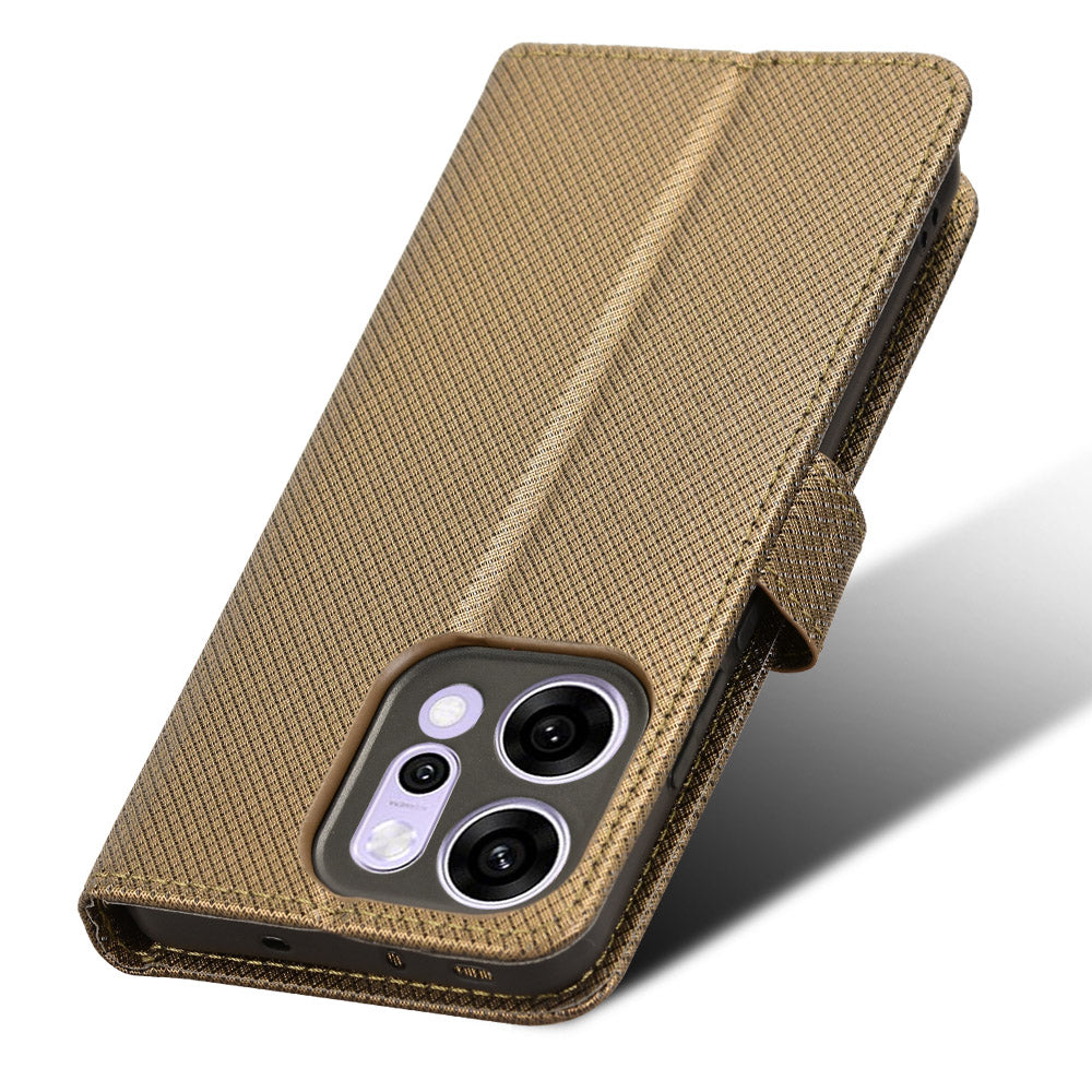 For Oppo Reno14 5G (Global) Leather Wallet Case with Strap Diamond Texture Phone Cover - Brown