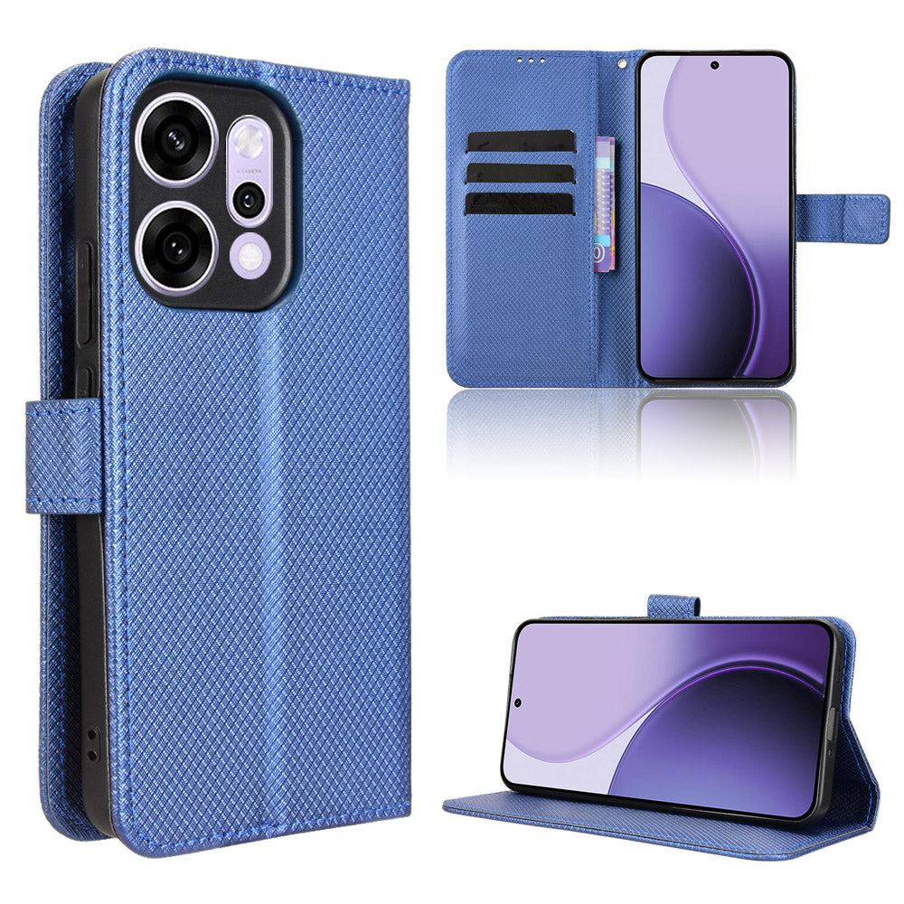 For Oppo Reno14 5G (Global) Leather Wallet Case with Strap Diamond Texture Phone Cover - Blue