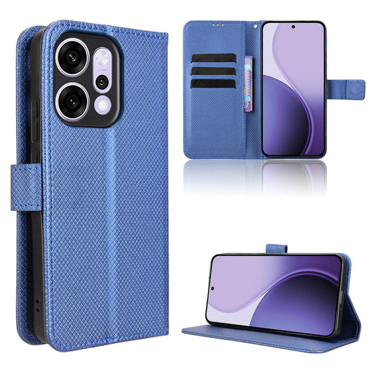 For Oppo Reno14 5G (Global) Leather Wallet Case with Strap Diamond Texture Phone Cover - Blue