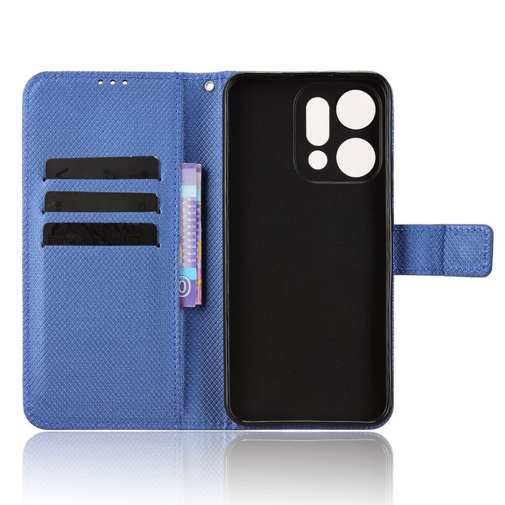 For Oppo Reno14 5G (Global) Leather Wallet Case with Strap Diamond Texture Phone Cover - Blue