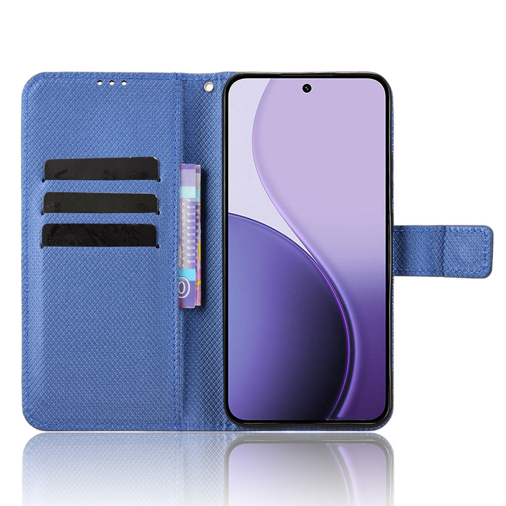 For Oppo Reno14 5G (Global) Leather Wallet Case with Strap Diamond Texture Phone Cover - Blue