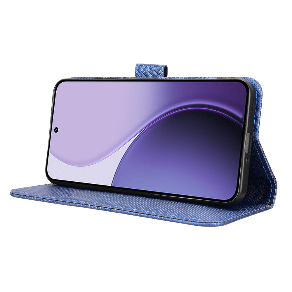 For Oppo Reno14 5G (Global) Leather Wallet Case with Strap Diamond Texture Phone Cover - Blue
