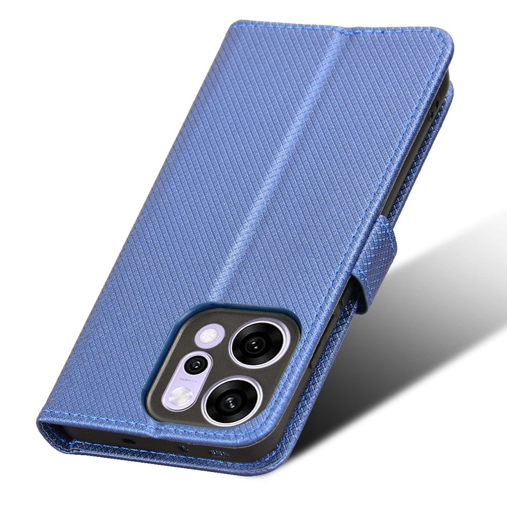 For Oppo Reno14 5G (Global) Leather Wallet Case with Strap Diamond Texture Phone Cover - Blue