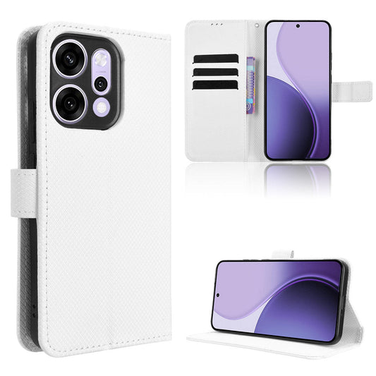 For Oppo Reno14 5G (Global) Leather Wallet Case with Strap Diamond Texture Phone Cover - White