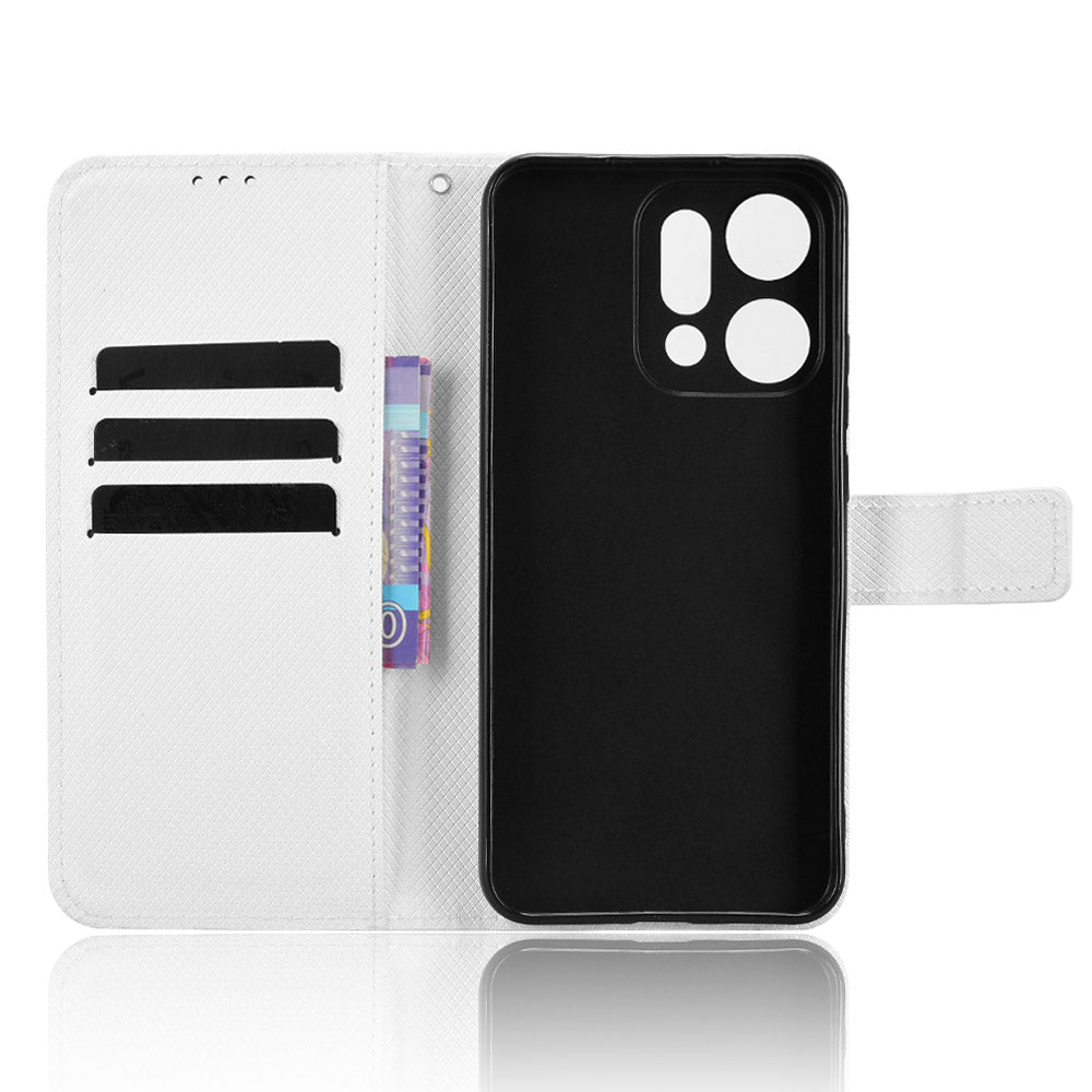 For Oppo Reno14 5G (Global) Leather Wallet Case with Strap Diamond Texture Phone Cover - White