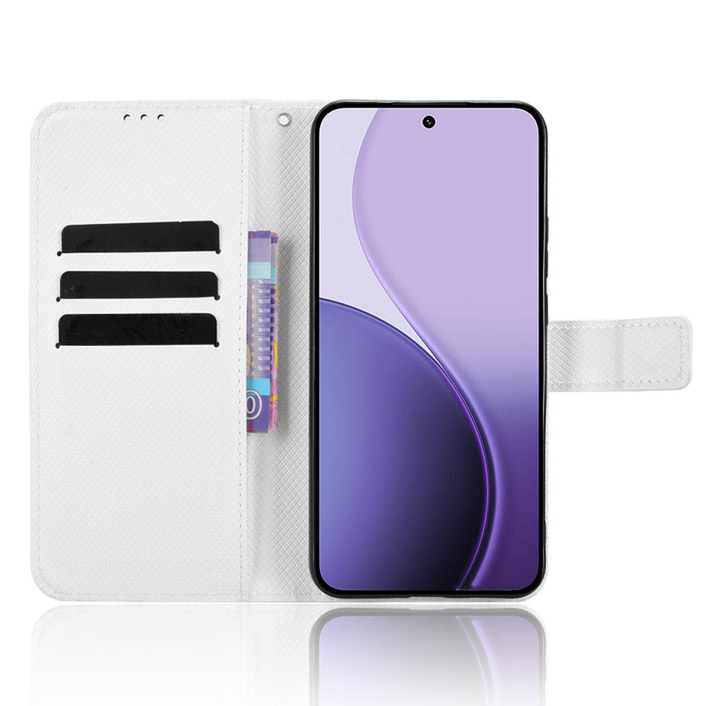 For Oppo Reno14 5G (Global) Leather Wallet Case with Strap Diamond Texture Phone Cover - White