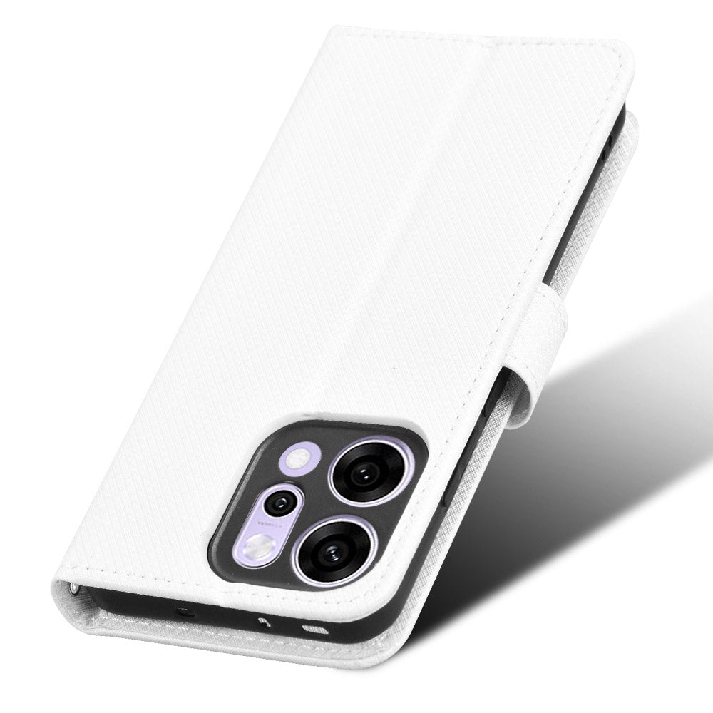 For Oppo Reno14 5G (Global) Leather Wallet Case with Strap Diamond Texture Phone Cover - White