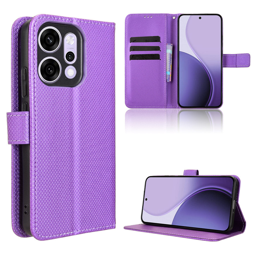 For Oppo Reno14 5G (Global) Leather Wallet Case with Strap Diamond Texture Phone Cover - Purple