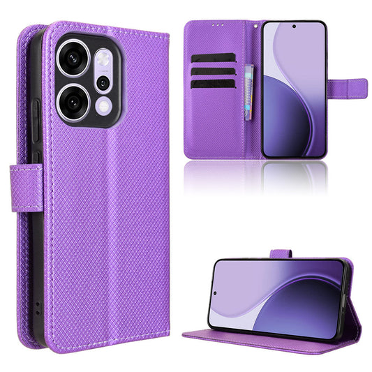 For Oppo Reno14 5G (Global) Leather Wallet Case with Strap Diamond Texture Phone Cover - Purple