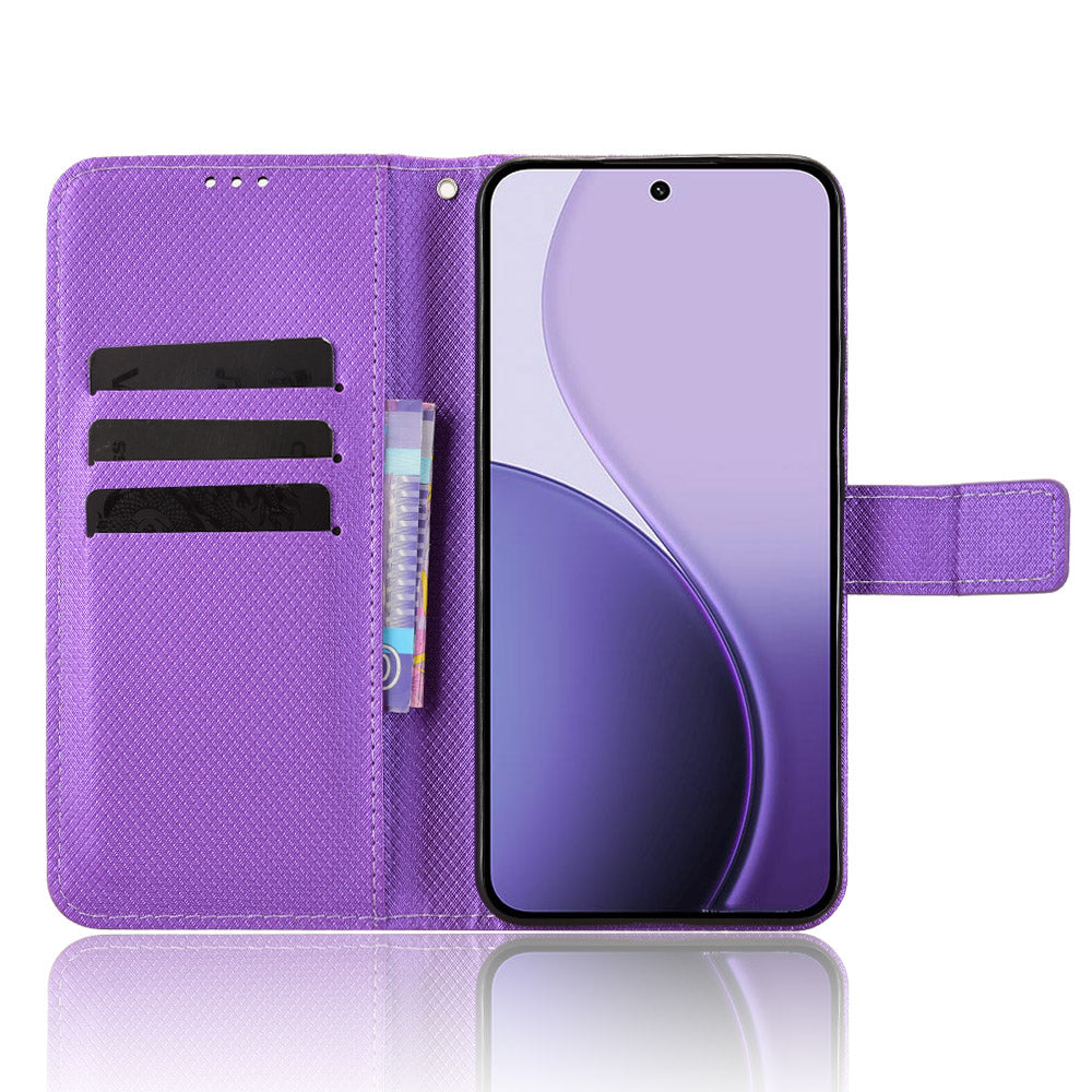For Oppo Reno14 5G (Global) Leather Wallet Case with Strap Diamond Texture Phone Cover - Purple