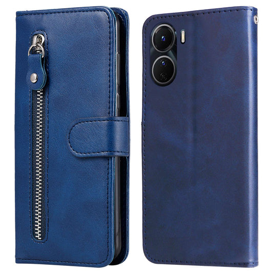 For vivo Y02s 4G / Y16 4G Zipper Pocket Phone Case Calf Texture PU Leather Wallet Folio Flip Stand Anti-drop Cover - Blue