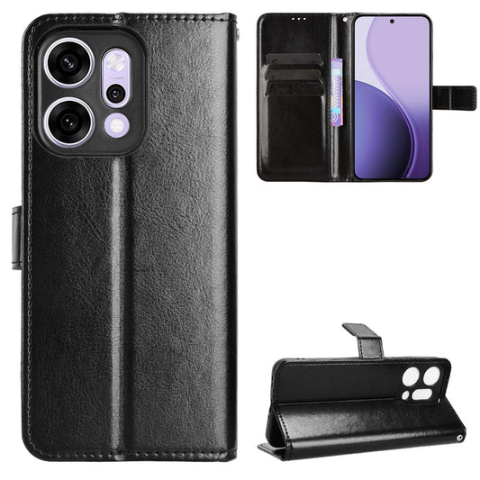 For Oppo Reno14 5G (Global) PU Leather Case with Strap Crazy Horse Texture Phone Wallet Cover - Black