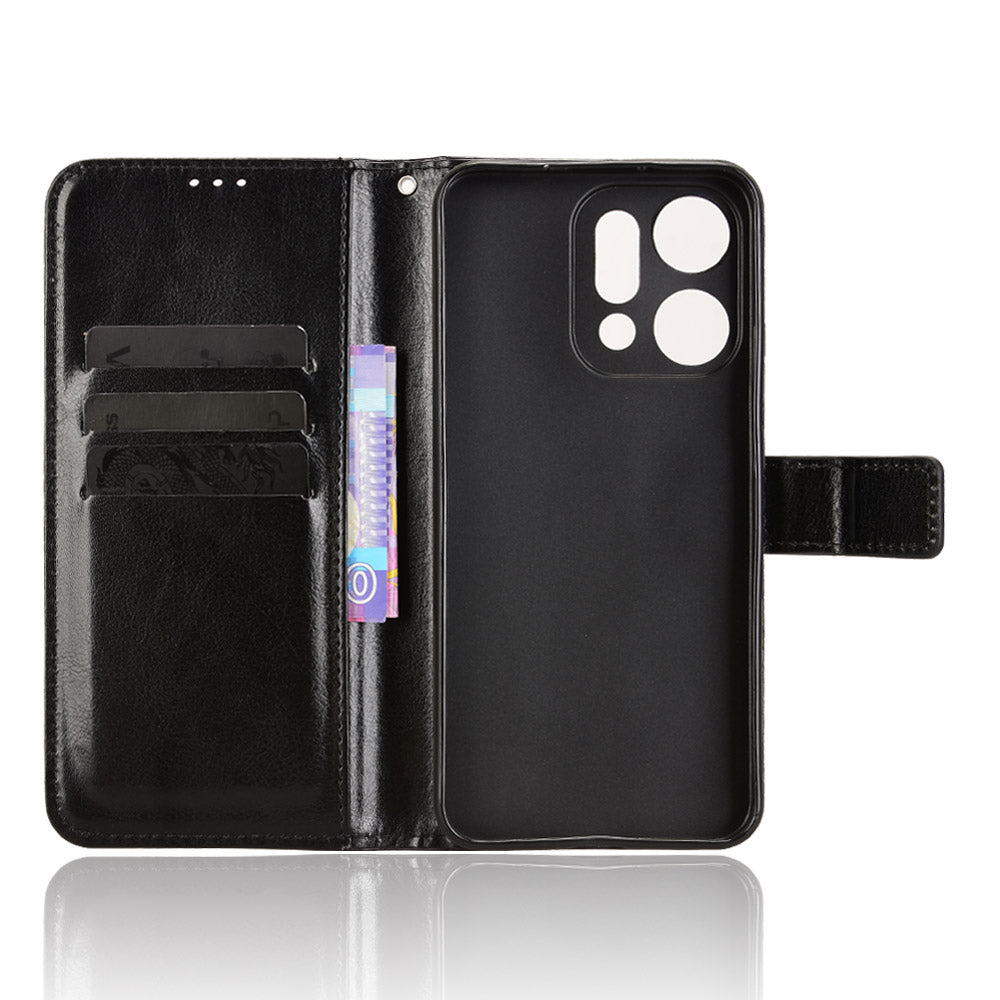 For Oppo Reno14 5G (Global) PU Leather Case with Strap Crazy Horse Texture Phone Wallet Cover - Black