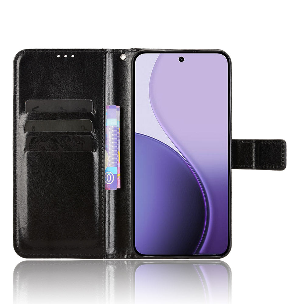 For Oppo Reno14 5G (Global) PU Leather Case with Strap Crazy Horse Texture Phone Wallet Cover - Black